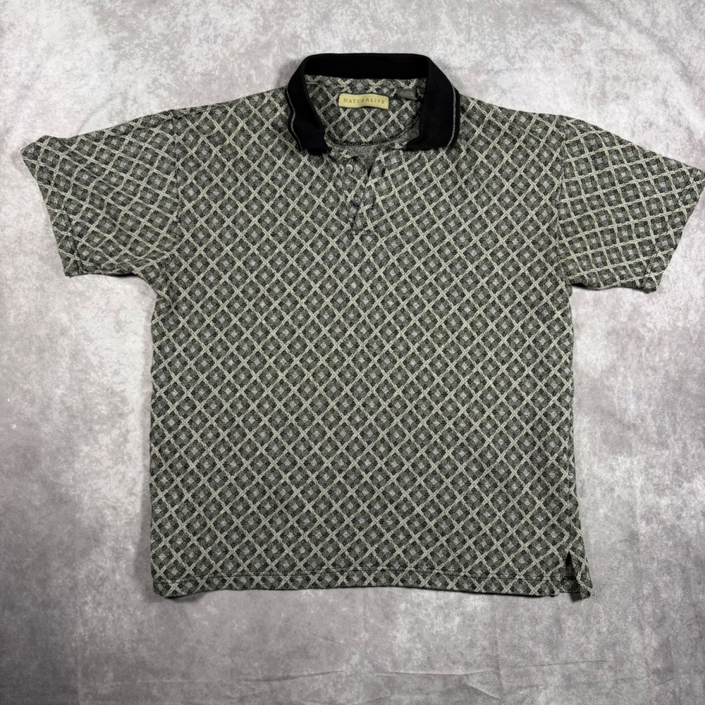Naturalife Men L Grey Black Geometric Diamond Knit Polo Shirt Short Sleeve Retro